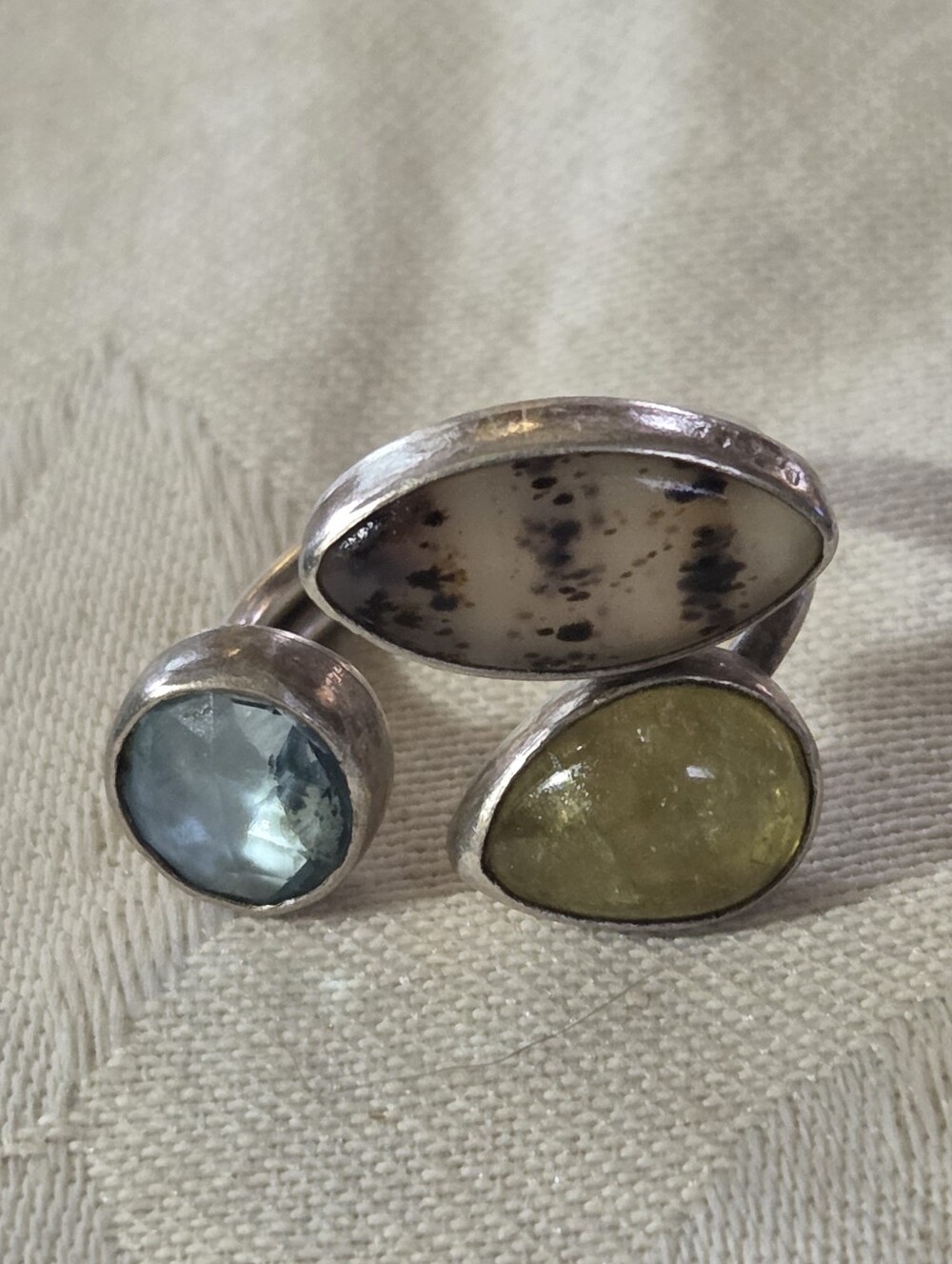 Fly Free Spellcaster Ring Montana Agate, Peridot, and Blue Topaz, SS, Size 8.5